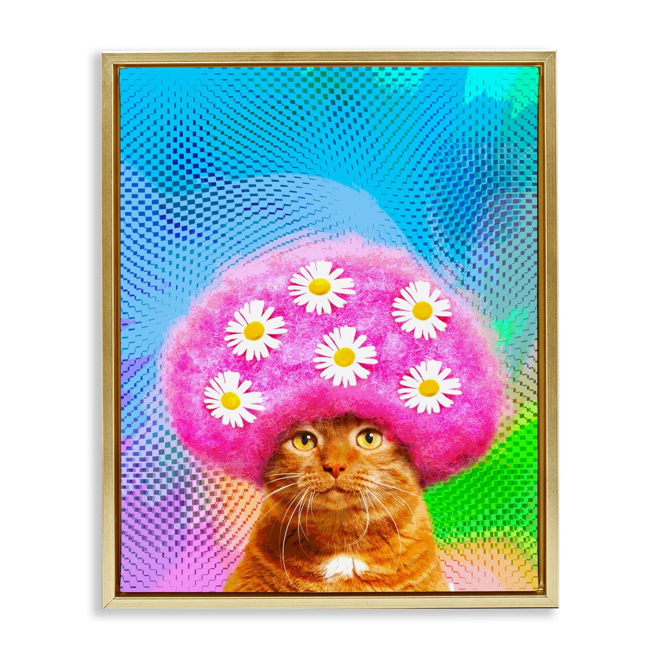 Stupell Industries Groovy Daisy Wig Cat Framed Floater Canvas Wall Art Design by Michael Quackenbush